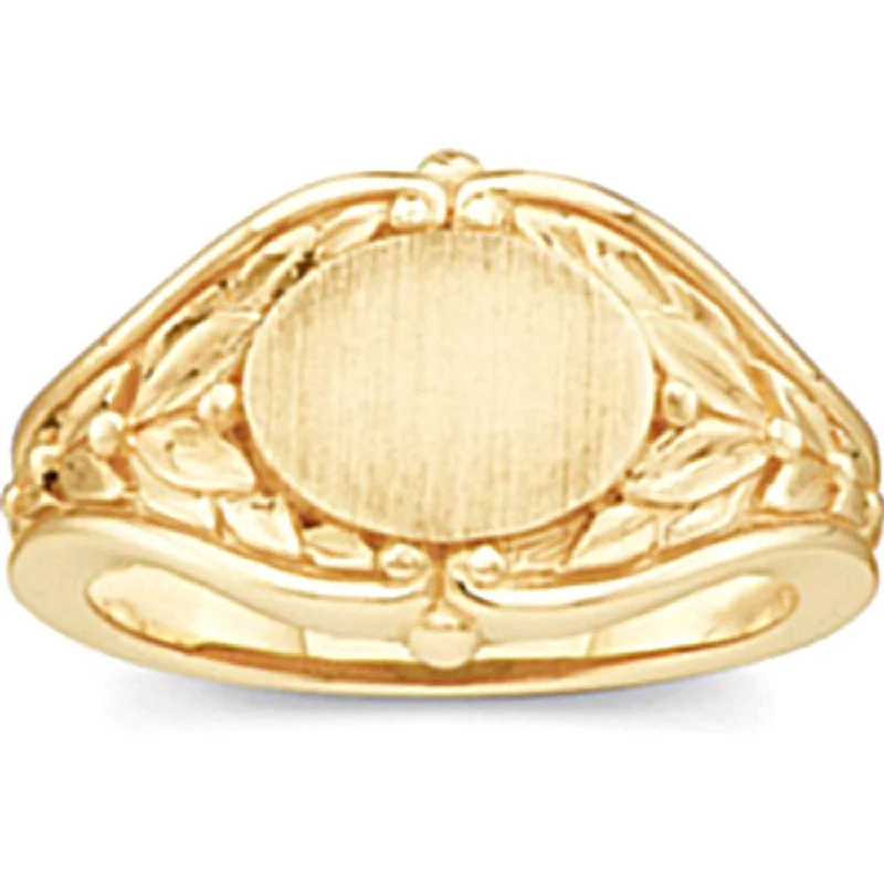 Women's Oval Floral Embossed 14k Yellow Gold Signet Ring (10.2MM), Size 8.25