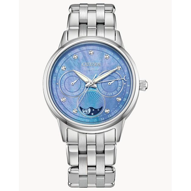 Citizen Calendrier Stainless Steel Blue MOP Diamonds Moonphase 37mm Eco-Drive